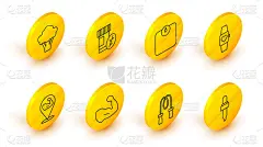 集油吸管，跳绳，健美肌肉，智能手表，浴室秤，维生素丸和西兰花图标。向量