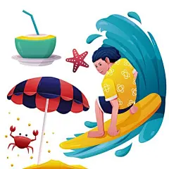 冲浪的人椰子遮阳伞螃蟹矢量图设计素材