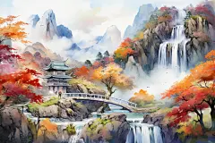 枫叶红叶植物水墨风秋天秋季自然风景插画