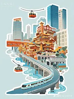 贴纸风格，可爱的中式矢量插画，白色描边，一个有山有水的重庆城市手绘图，插画，层次分明，景色尽在眼底，壮阔雄伟，令人震撼，洪崖洞、解放碑、长江索道、李子坝轻轨站(穿楼轻轨)、朝天门广场(两江交汇观景台)、千厮门大桥，岩彩板绘，概念光影，流动丝绸，透光，手绘质感，中式意境，水墨晕染，海水纹，祥云纹，蓝、桔、金白色交织在一起，荧光渐变，发光的线条，梦幻，几何构图，电影灯光，16k高作品，艺术，Alberto Seveso，james R.Eads，Octane渲染