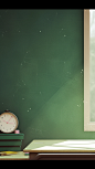 a box decorated by a white clock and papers in a green blackboard, in the style of impressionist: dappled light, windows vista, minimalist backgrounds, joel robison, wallpaper, glossy finish, the vancouver school