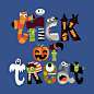 This may contain: a group of halloween characters with the word trick written in front of them on a blue background