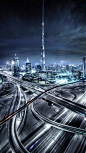 General 1440x2560 portrait display aerial view long exposure Dubai United Arab Emirates night stars clouds lights skyscraper building architecture road highway light trails Burj Khalifa traffic