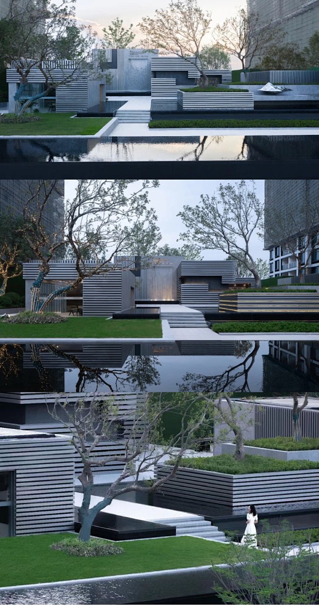 华鸿天悦外滩转角步入示范区后场“行山涉水”空间以城市基底“山水”之语勾勒盒子组合之形，高低错落交织并延续前场横向线条、纵向线条的设计语汇营造为 ...
