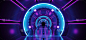 科幻未来抽象渐变蓝色紫色粉红色霓虹灯发光圆圆形走廊反射混凝土地板深色室内空间太空飞船技术概念3d 渲