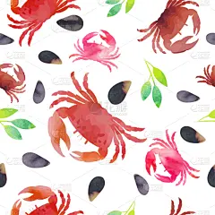海产,叶子,坚果壳,四方连续纹样,螃蟹,有机食品,红色,清新,烹调