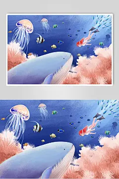 蓝色高级感海洋动物人物卡通插画