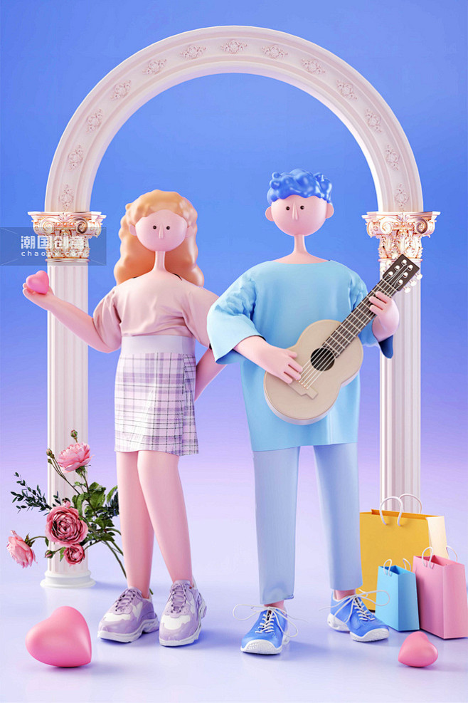 3D立体c4d七夕情人节现代情侣人物背景...
