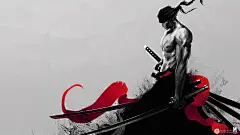 帅气的黑红风格设计的罗罗诺亚·索隆插画图片，可做壁纸