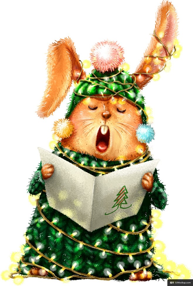 淡彩手绘 彩灯毛球 可爱兔子 手绘圣诞卡...