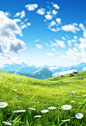 a green, beautiful landscape with flowers and blue sky, in the style of 8k 3d, landscape-focused