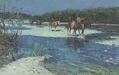 Comanche Moon“我认为自己是个会讲故事的人。我试着让自己回到想象的情境中去，这些情境会产生有趣和吸引人的画面。我想创作与人类体验有关的画作。”
汤姆·洛弗尔Tom Lovell，1919-2012）美国最杰出的画家之一，他以其精湛的绘画技巧和深思熟虑的艺术风格而闻名于世。他善于通过构图和用色来营造出引人入胜的故事氛围使得作品显得更加生动和有层次感，通过精心构思每一个人物、场景和背景来打造引人入胜的画面，像用油画放黄金年代的经典老电影。他对细节的处理很丰富，轮廓却非常干净，值得人学习。