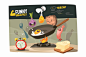 Funny yummy breakfast vector illustration. Fried eggs, onion, sausages bread and butter on pan flat style concept