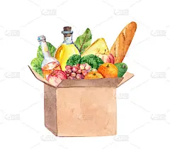 食物的盒子。食品交付。水彩插图