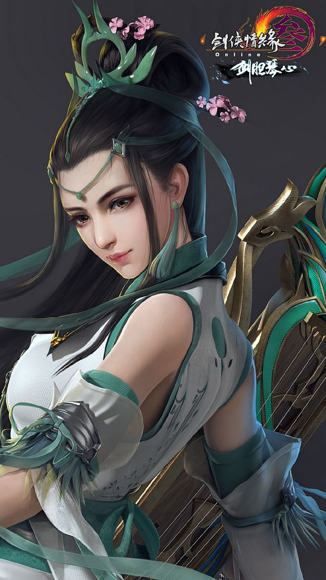 中国风原画坐姿古琴古风女琴心唯美女原画北坤人素材