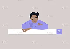 搜索引擎工具，一个男性互联网用户靠在搜索栏上的肖像