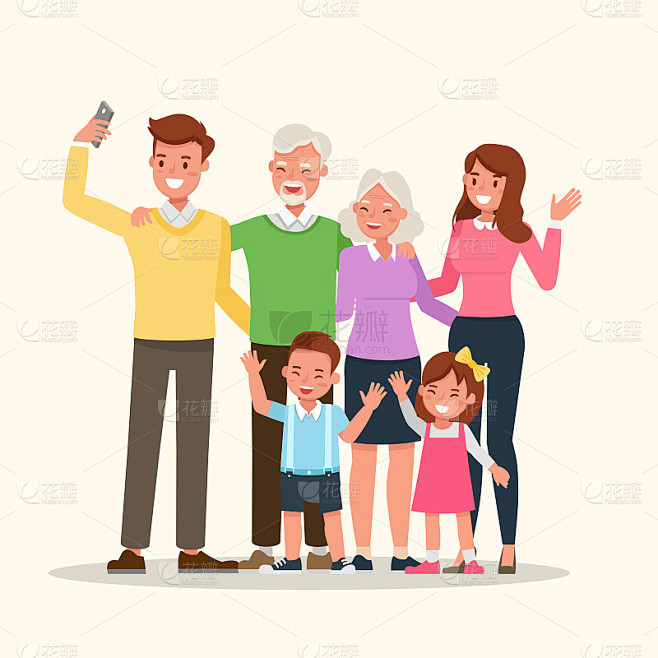 幸福家庭的人把妈妈、爸爸、爷爷奶奶和孩子们一起设计成性格矢量。