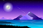 扁平矢量夜晚风景插画手绘乡村秋季野外森林傍晚山月亮AI设计素材