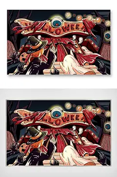建筑暗黑漫画风手绘万圣节插画