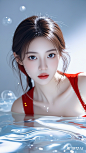 美丽的模特，女神，红衣女神，大眼睛女神，甜美，唯美意境，高级感，面部细节完美，人物细节精致，清透流体，正面全身肖像，奇幻的光影，细腻的光泽，磨砂质感，明亮浅色的背景，冷色光照，高度细节，白色高冷背景