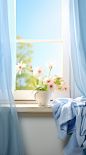 laundry machine and washer on a window sill, in the style of tranquil gardenscapes, light sky-blue, flowing draperies, flickr, minimalist backgrounds, flower power, hyper-realistic oil