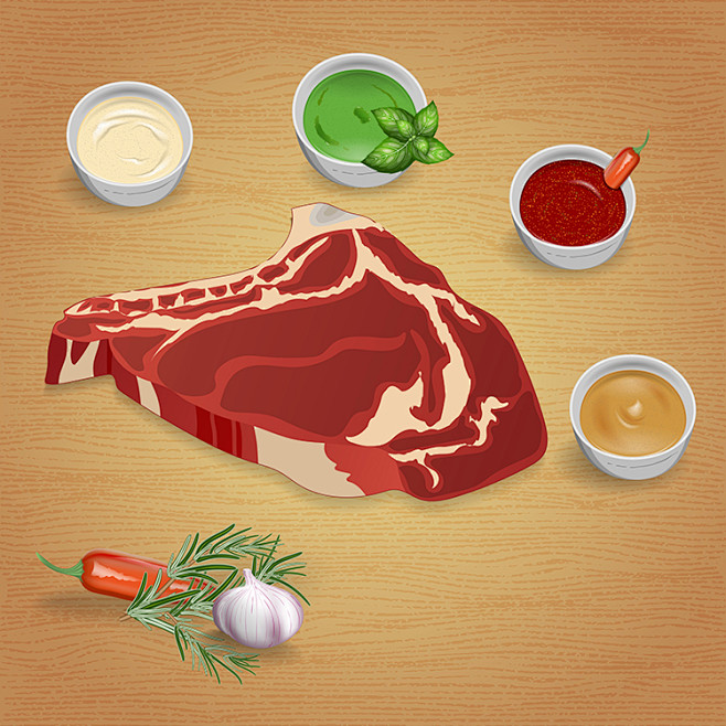 矢量手绘西餐生鲜牛肉牛排火锅午餐肉烧烤插...