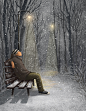 树林 路灯 飘雪 坐在长椅上的男士 冬季插图插画设计PSD tid317t000028