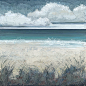 Alison Haley Paul - "Seagrass" Mixed media Impasto seascape of clouds over teal/gray sea and dunes, Painting For Sale at 1stdibs