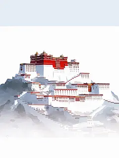 布达拉宫被白色浓雾包围，佛教禅宗平面插图海报