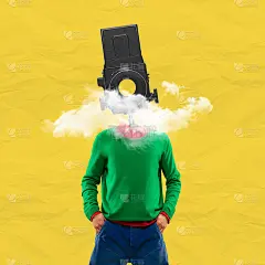 超现实主义。一个年轻人穿着复古风格的衣服，头上戴着旧相机。创意图片