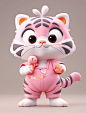 a pink tiger doll with big eyes and an orange nose is posed in front of a gray background