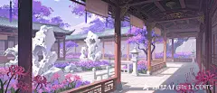 一副宫廷大远景背景，彼岸花庭院，开放式，太湖石装饰景观参考花亦山心之月风格原画，