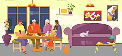 家人在家吃饭，矢量插画。快乐的人和人共进晚餐，妈妈、爸爸、女儿、爷爷奶奶坐在一起吃饭。