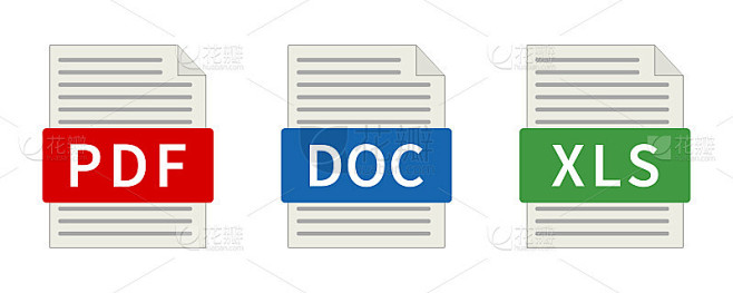 文档文件图标。PDF DOC XLS平面图标。向量。