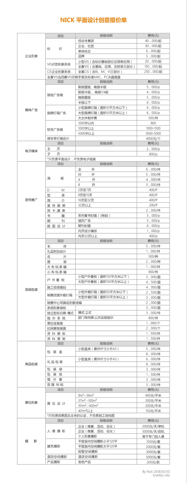 Nick 平面设计报价单。-Nick