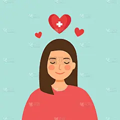 在平面设计中有红心的女人。积极的思考。心理健康。正念。平静的情绪和幸福的女性。