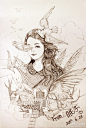 水彩画 手绘 插画 女孩 作者微博by 森眠子 小清新 少女心  花 童话 花花草草 步骤 教程 线稿 线条 水彩