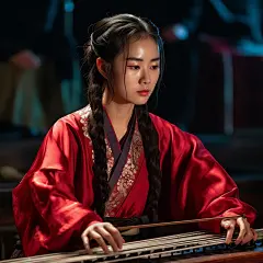 (1/4)东方女孩手持乐器，以电影般的灯光风格，传统肖像画，阮家，红色，32k UHD，高质量照片，柔焦技术(AI绘图来自WeDraw.art)