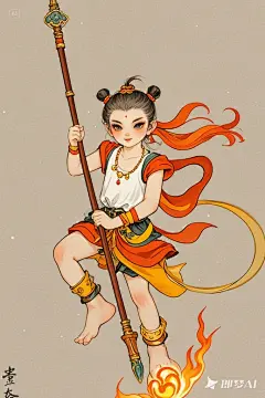 古风工笔画，西游记古风人物，脚踩风火轮，手拿乾坤圈，新国风插画，简单背景，古风，全身立绘，比例 「2_3」