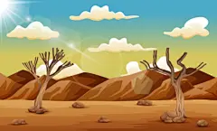 干旱地区的枯树与云彩插画场景