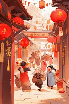 潮国创意手绘新年逛集市热闹插画春节年货节逛街拜年中国风国潮