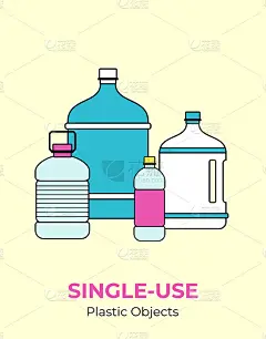 塑料瓶。矢量插图的一次性回收塑料彩色瓶子。孤立的透明瓶子。平面标志为生态海报、明信片、横幅、污染环境
