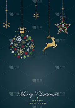 贺卡与圣诞球，星星制成的雪花和亲爱的在深绿色的背景。新的一年。矢量图