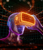 手持虚拟现实眼镜的虚拟人的3D渲染与霓虹灯橙色线和点的虚拟数据包围。玩家开始VR游戏。虚拟现实的体验