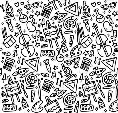 回到学校无缝矢量模式。适合纺织面料设计，包装纸和网站壁纸。矢量插图。教育、科学和办公用品背景。