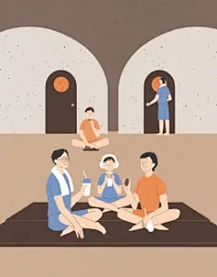 三温暖 汗蒸洗浴 冬日休闲 亲子插图插画PSD07