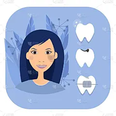 微笑的女人脸上带着牙套、牙齿、牙齿保健理念。审美的美丽。正畸矢量图形设计