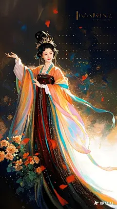 电影海报：国风美人脸部妆容，晕染，弥散渐变，高级感，意识流，优雅，浪漫主义，身穿霓裳，雍容华贵的状态，姿态优美，水粉艺术插画，朦胧，迷幻，大面积留白，画面拼贴颜色，暗夜微光，层次感，水粉，深度和梦幻效
