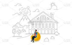 3D坐着的人与素描城市背景