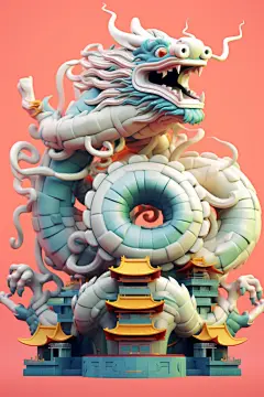 神秘新年生肖东方龙卡通龙年青龙建筑模型